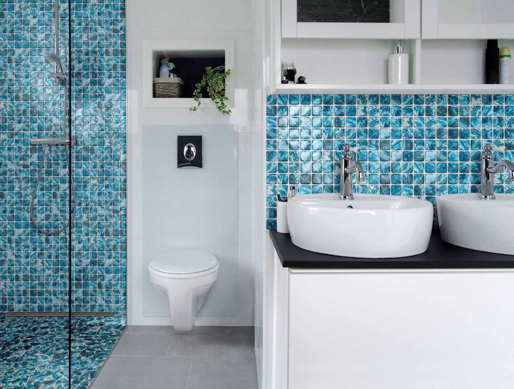 Glass Pebble Blue + Glass Square Blue Marble Pattern Mix | Tile and Stone Center